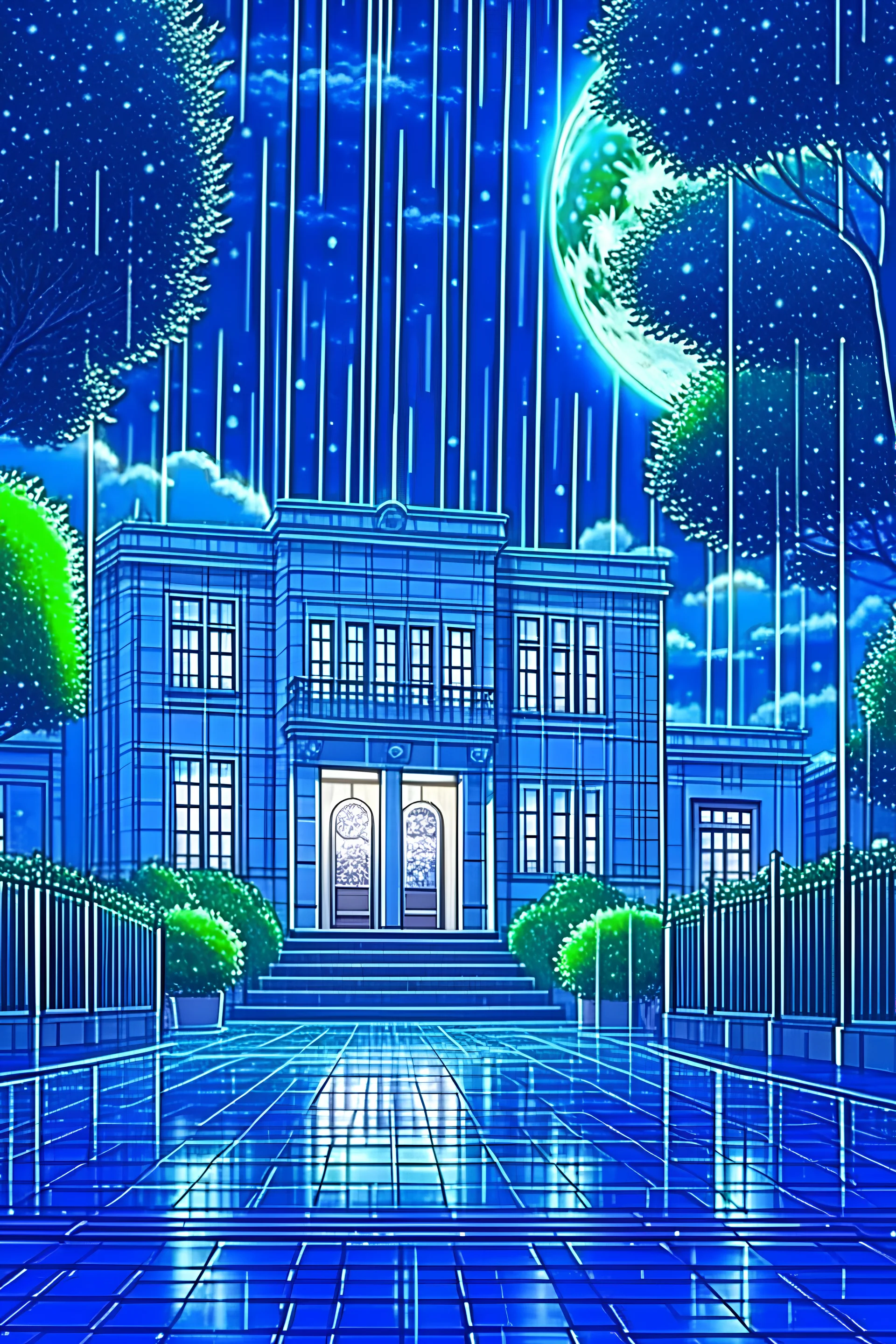 A beautiful empty school, its color is a mixture of blue and white, heavy rain, green trees, beautiful and wonderful roses, in addition to the appearance of the moon and snowfall, accurate and strong details style anime