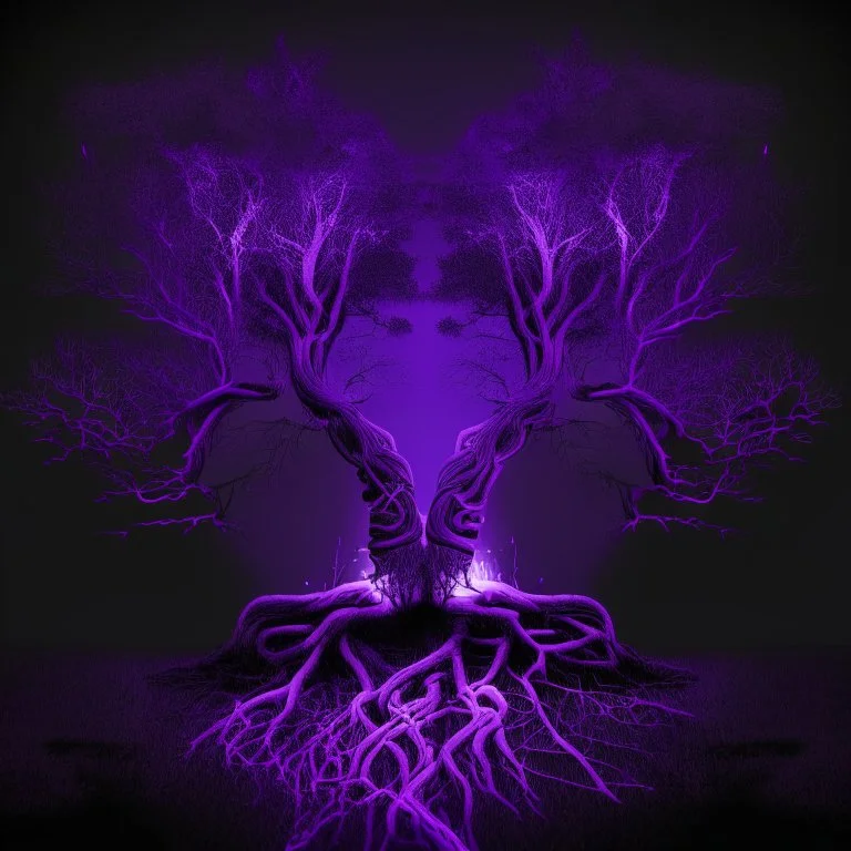 two trees with roots connected purple dark neon