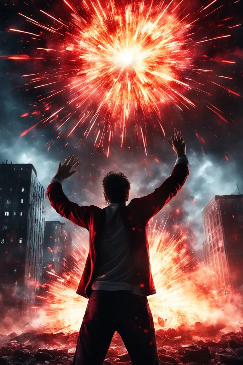 Young man standing, with arms raised, in front of an exploding building at night, with red auras around him