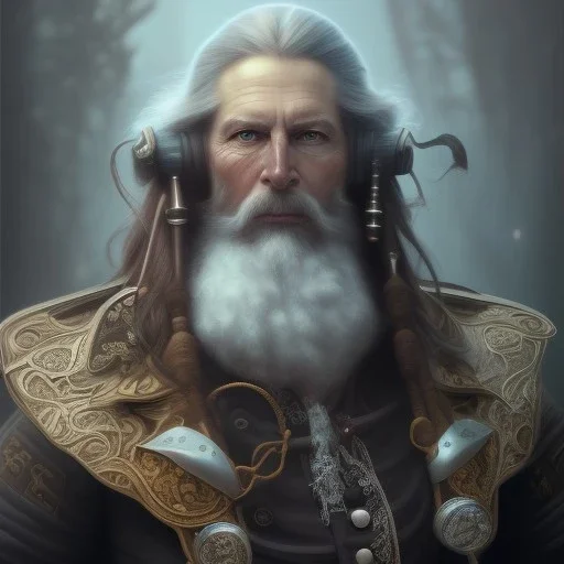 redshift style, painted portrait of a pirate, masculine, mature, pirates, upper body, grey and silver, fantasy, intricate, elegant, highly detailed, digital painting, artstation, concept art, smooth, sharp focus, illustration, art by gaston bussiere and alphonse mucha