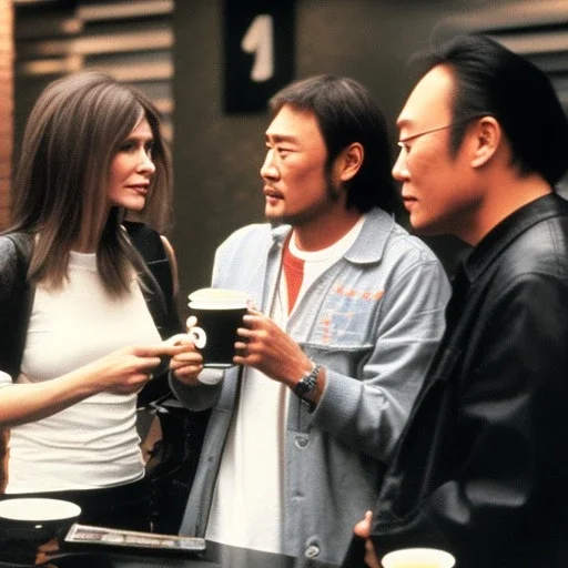 Courtney Cox, Courtney Love and Ken Watanabe chatting happily over coffee at Starbucks