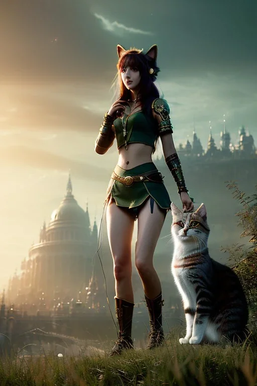 Druid character, young woman, cat ears, blonde hair, long hair, green eyes, scars on body, waist up portrait, 4k resolution, intricate details, ornate details, soft lighting, vibrant colors, retroanime, masterpiece, intricate eyeliner, dark eyeshadow, eyes, intricate tattoos, futuristic cityscape background