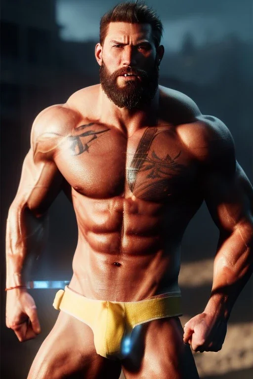 Ignore NSFW, teenager young rugged attractive slightly muscular fantastic handsome man, red briefs with yellow belt, hairy chest, (((visibly pisssing))) briefs, large erect visible boner peniss, photorealistic, artist Jay Anacleto, soft lighting, scruffy beard