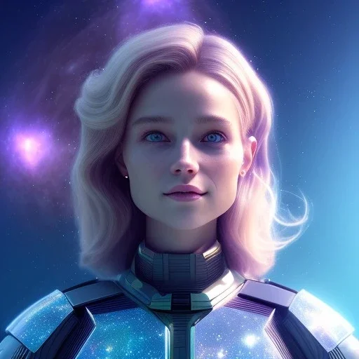 A portrait of a transparent crystalline girl,smiling, longs blond hairs, green eyes, galactic skirt, atmospheric, realistic, cinematic lighting, octane render, purple and blue sky, nebula, stars, planets in background, spaceship in background