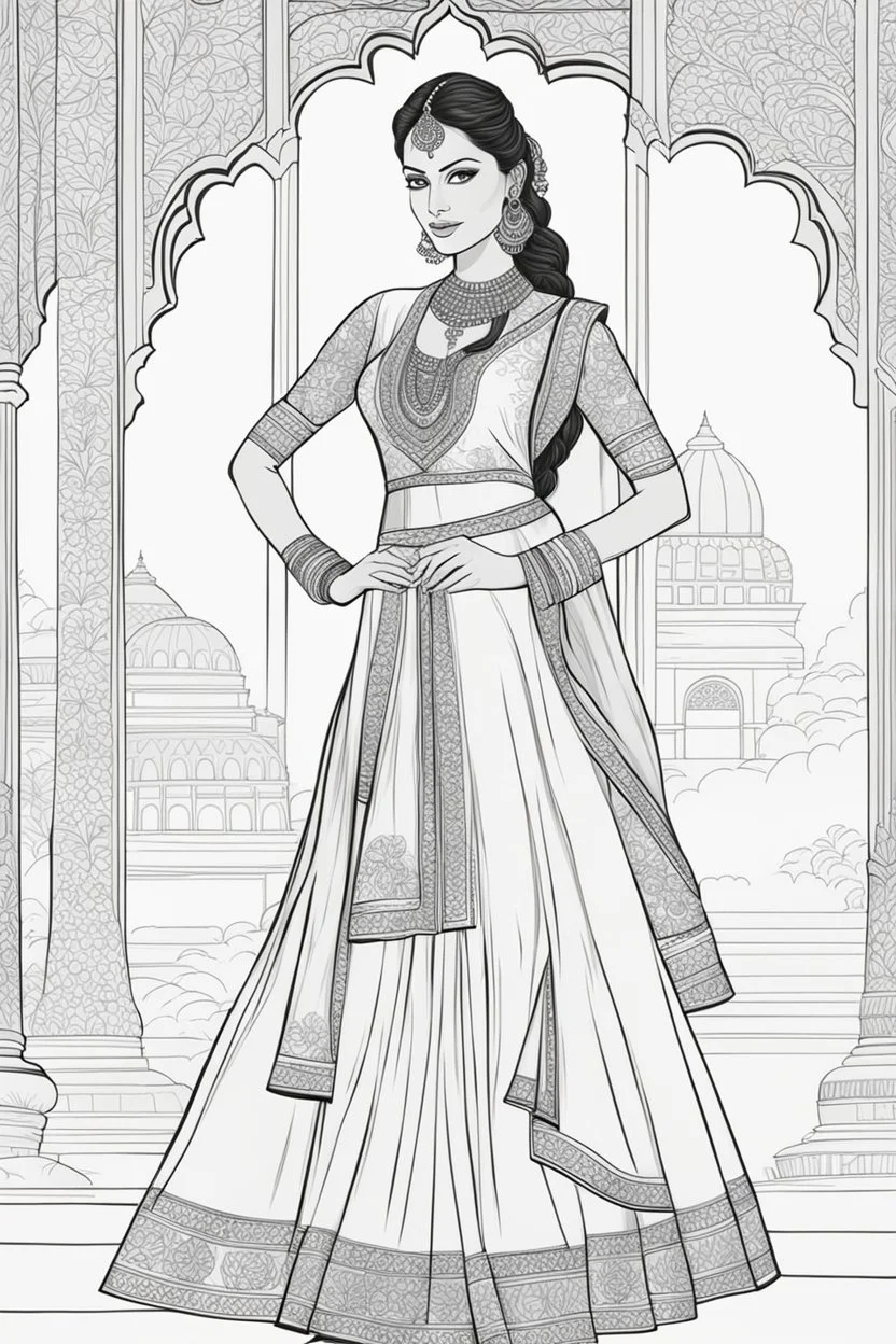 Coloring page for adults of a elegant fashion model woman wearing hindi dress, dynamic poses, full body portrait, thick and clean lines, clean details, no-color, no-turban, no-background, non color, non shading, no-grayscale, dynamic poses, full body portrait, thick and clean lines, clean details, no-color, no-turban, , non background, non color, non shading, no-grayscale, no color hair