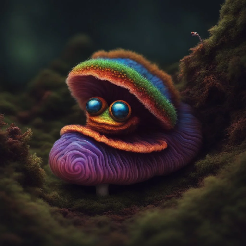 Fuzzy cute psychedelic caterpillar sitting on a forest floor mushroom, hyper realistic. psychedelic, baroque, photorealistic