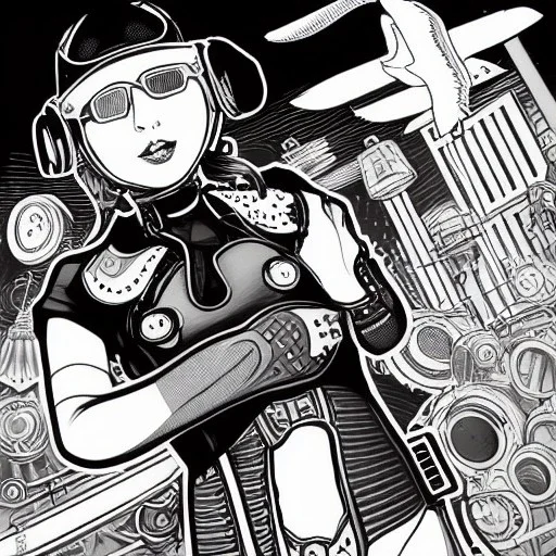 great illustrator, spanish, pencil sketch of a cute girl, beautiful, steampunk syle, black and white. Helmet with tubes. Square Sun glasses. Machinery in the background. robotic bird flying. High details.