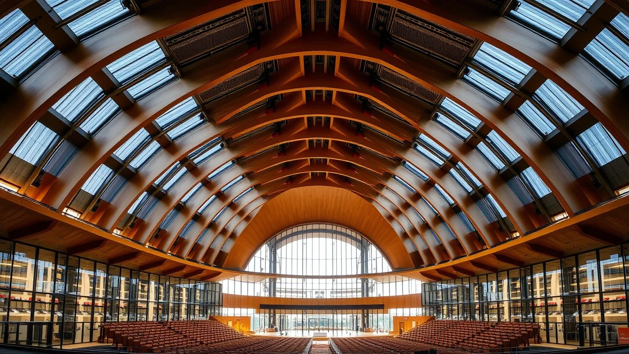 A monumental concert hall with a series of towering catenary arches forming the structure’s main skeleton. The smooth, natural curve of the arches creates a graceful and fluid flow throughout the building, with glass walls filling the spaces between. The open interior is bathed in soft light that filters through the catenary arches, blending elegance with acoustic perfection. Award-winning photograph.