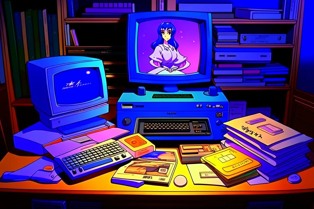 retro anime style, serious 1990s OVA anime style, retro tech on a desk, Magneto-optical disk, floppy disk, Hard disks, ram, VHS, Retro pc, slight watercolor, no humans