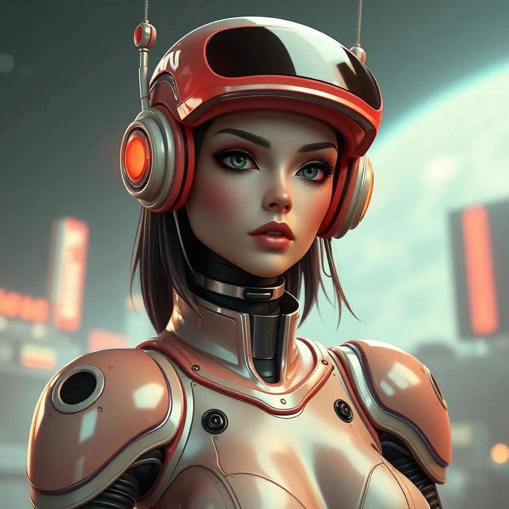 a retro-futuristic feminine android, space age, dystopia, stylised, digital art, 3d render