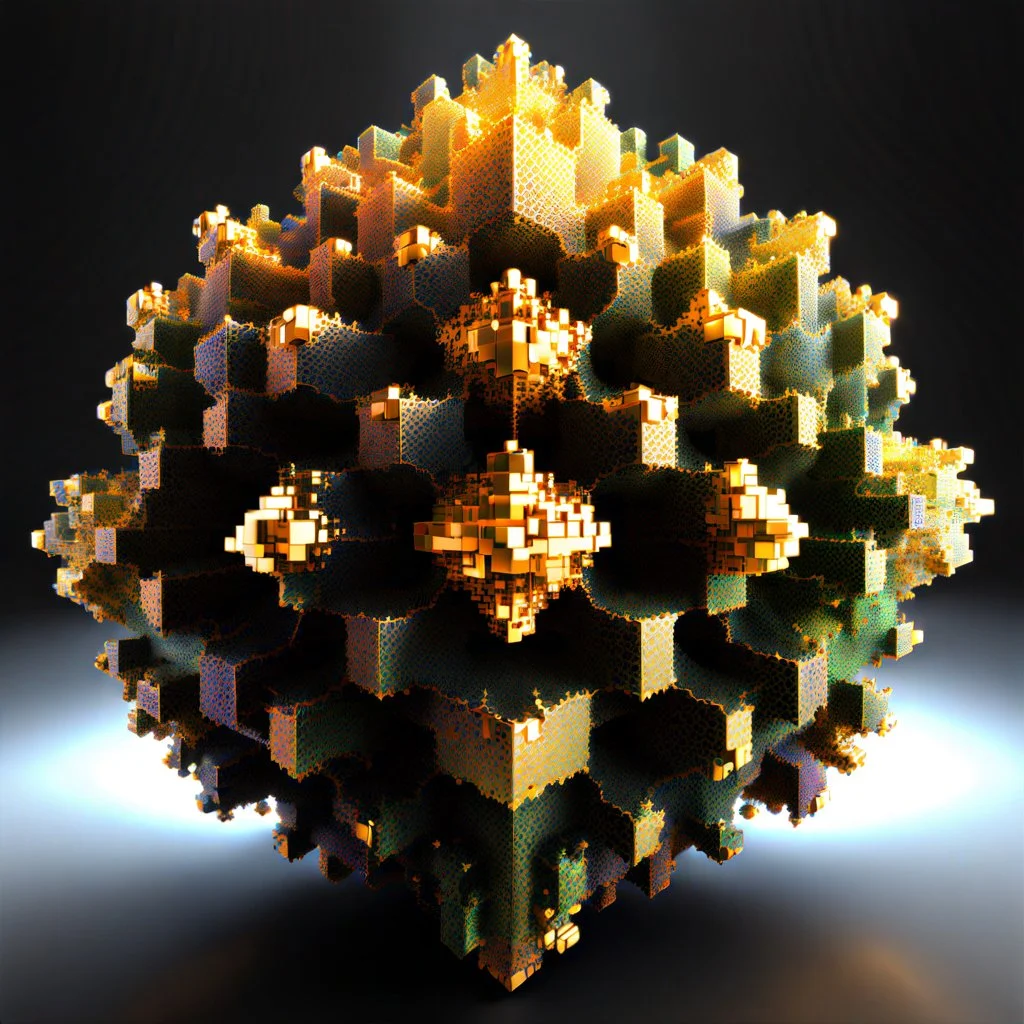 a mandelbulb 3d fractal made of small metallic random color cubes