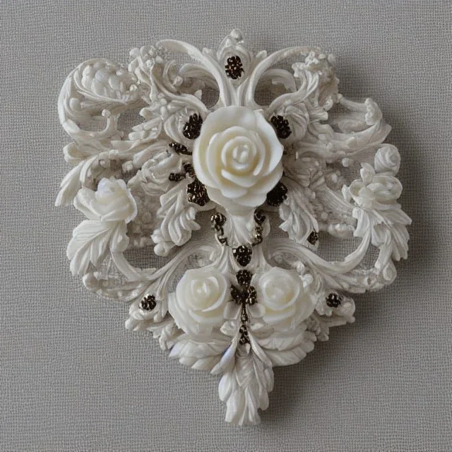 ivory brooch of a rose, opalescent marble carving, decorative design, classical ornament, highly ornate, highly intricate, highly detailed etching, marble carving, warm lighting, black linen backdrop