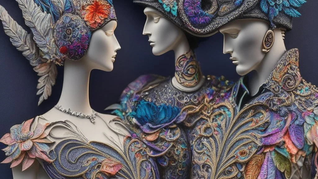 Surreal fantasy Couple Wearing Insanely Detailed Quilling consisting of Mixed Media Including Feathers, Foliage, Flowers, Leather, Buttons, Jewels, Twigs, Plastics, Glitter, Shells, Fabrics, Twine, And Thread; Award-Winning Neo-Surrealistic Masterpiece