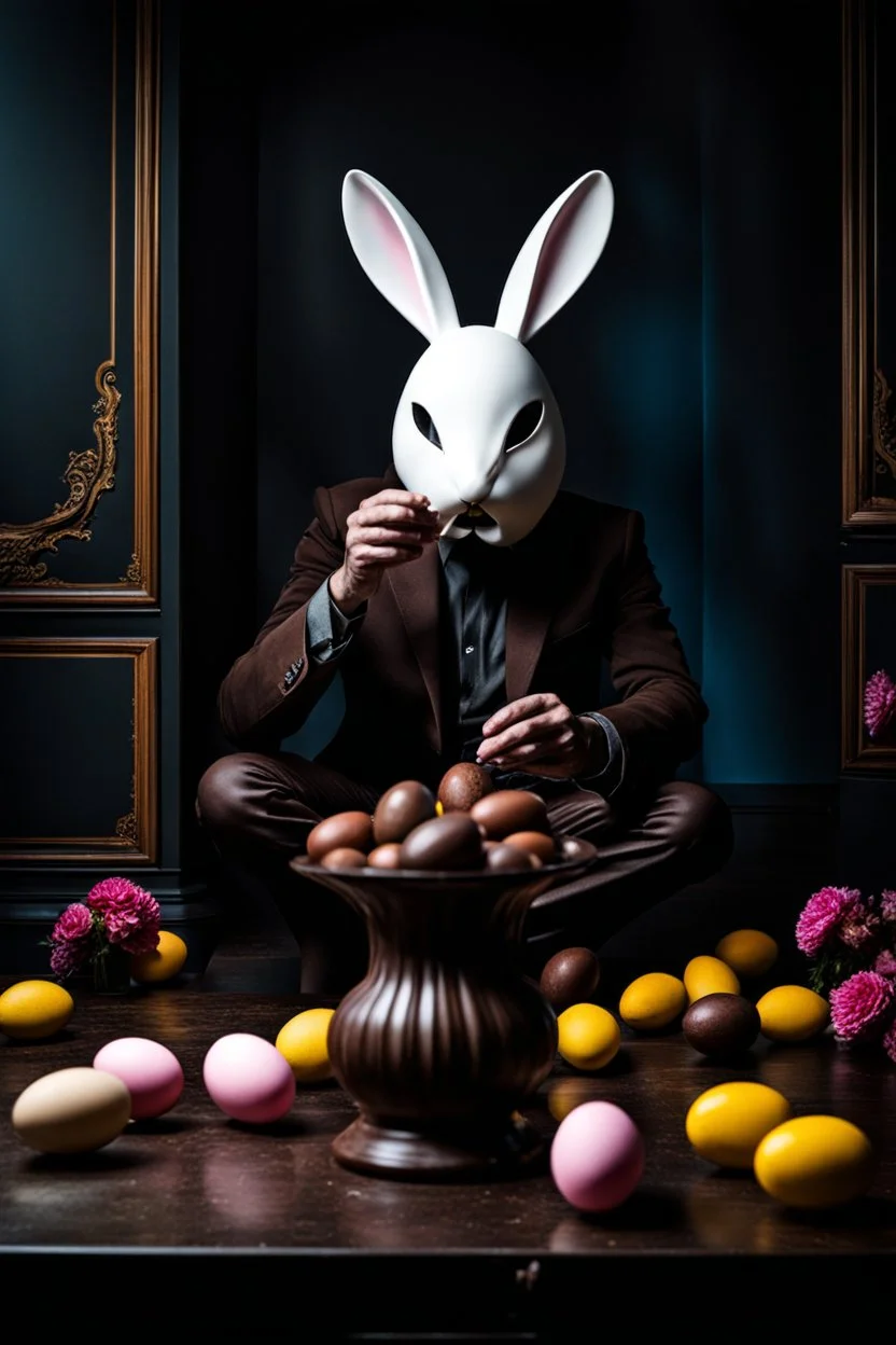 horrori figure in rabbit mask sitting on the floor and eating chocolate around chocolate eggs, brocken vase with flowers, volumetric light, dark colors, surreal dark mood