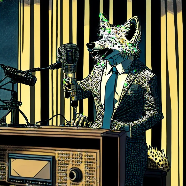 Hyena in a suit and tie, as an announcer sitting at the transmission table with a microphone presenting a newscast. Sandro Botticelli cómic style. Ultra quality