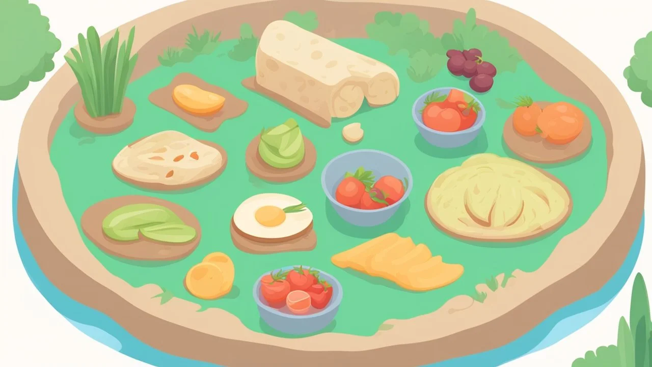 illustration for game. some healthy food on a large island