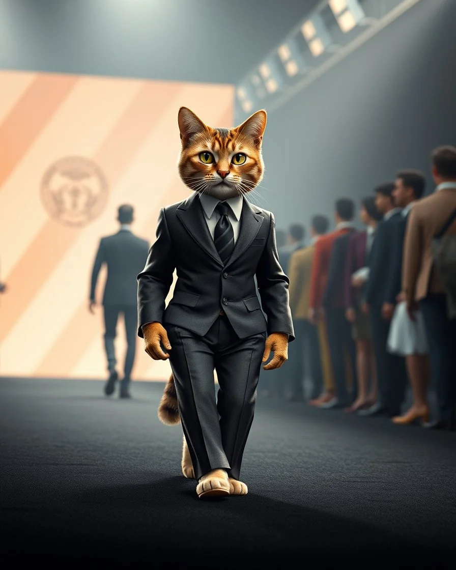 cat at work. show of a collection of suits from a famous couturier cat in a suit from Versace. walks along the catwalk. animation realistic photo, detailing, light on the cat