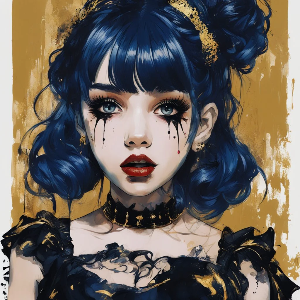 Poster in two gradually, a one side malevolent goth vampire girl face and other side the Singer Melanie Martinez face, painting by Yoji Shinkawa, darkblue and gold tones,