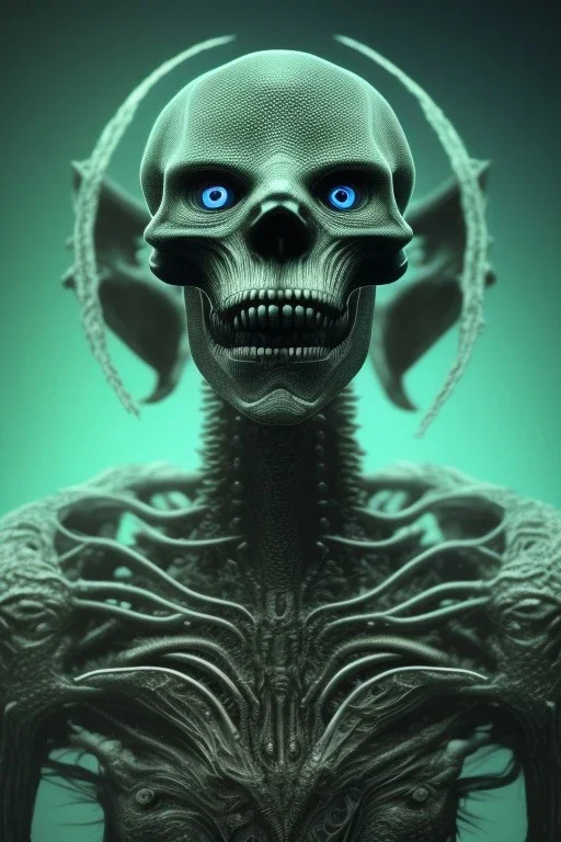 green alien, head, evil, black eyes, weapons, blood, 8k, finely detailed, photo realistic, HR Giger style turquoise skull head red Mohak alien moon skeleton sombrero blackground