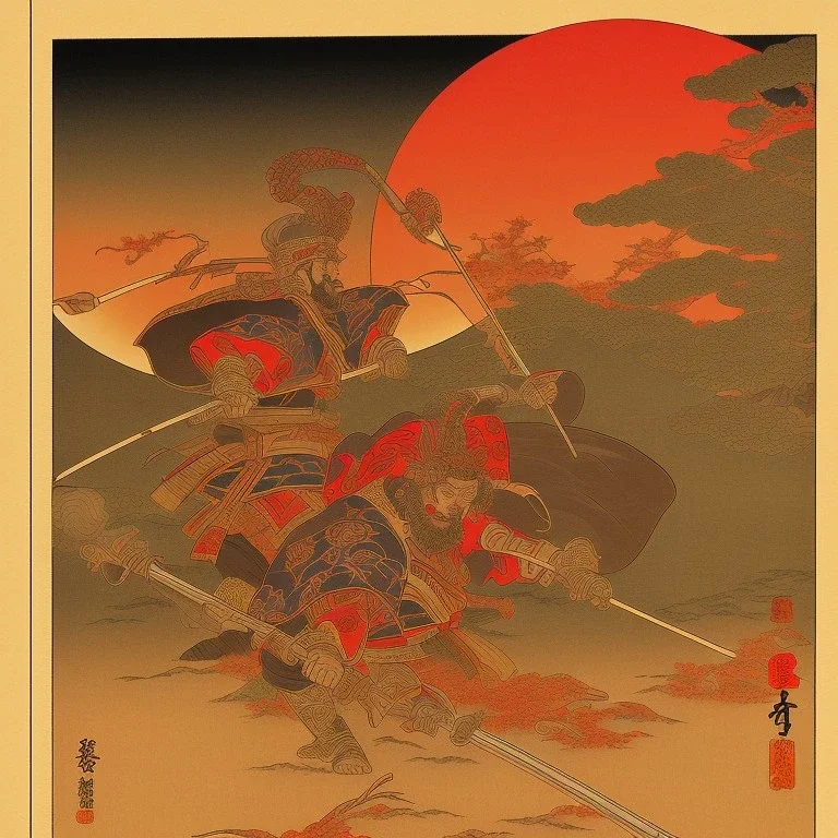 Single Samurai Japanese Ukiyo-e, red sun in the background