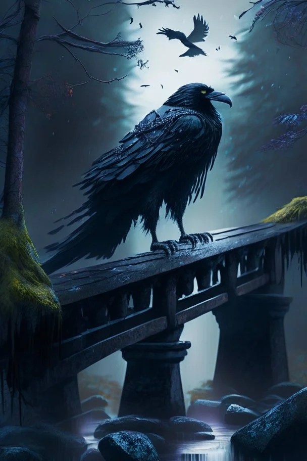 storm crow on stone bridge in magical forest, 4 k, trending art, depth of field, high detail, high contrast