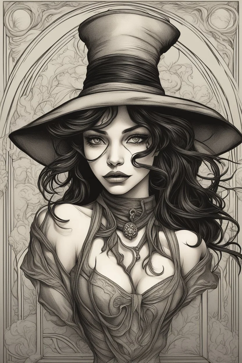 Imagine a captivating illustration that portrays a young witch with flowing black hair and a distinctive black top hat, rendered in a cartoon style with precise black outlines and abundant shading. Picture the witch in a full-bodied stance, each contour defined by meticulous black lines that accentuate her form. Dive into a realm of depth and atmosphere as shadows envelop her, adding an extra layer of realism and drama. With careful attention to detail, bring forth her enigmatic charm through