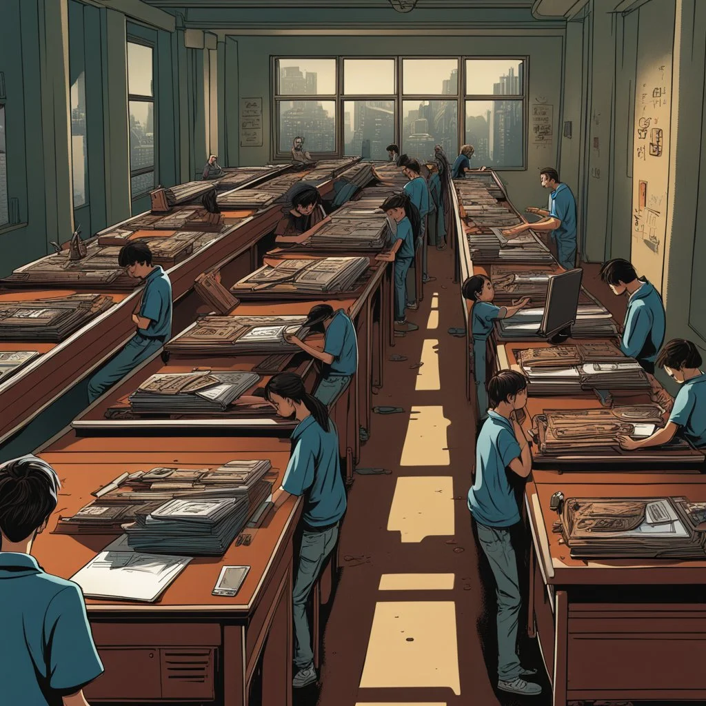 faceless students hunched over desks on large conveyor belt, incredible intricate detail, hyperreal digital art, concept art, deep colors, moody, dramatic, depth of field