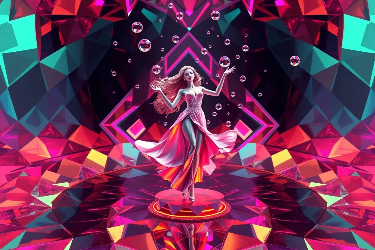 very complex structure ,pretty color environment 3d diamond recursive animating beveled geometric base very complex structure emiting mirror bubbles that broke, goddess lady in a pretty cleric dress comes out dancing gracefully , viberating color moving very in modern city escape environment while camera tracking it.