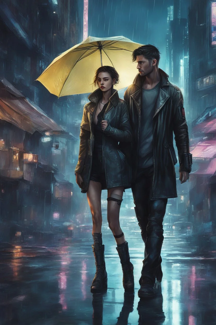 Science fiction, cyberpunk, city street, couple girl and guy, together, love at first sight, rain