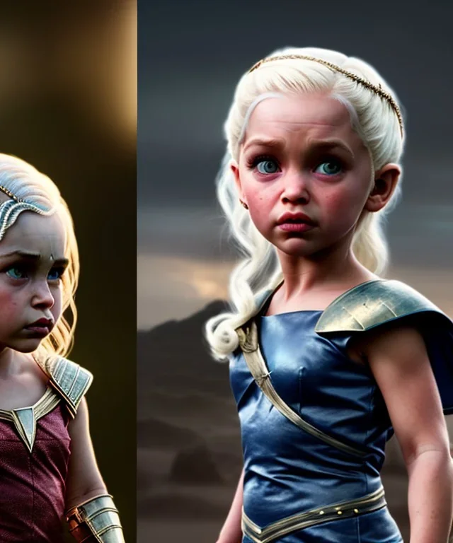 Daenerys Targaryen toddler, full body, dramatic lighting, angry, hyper realistic,