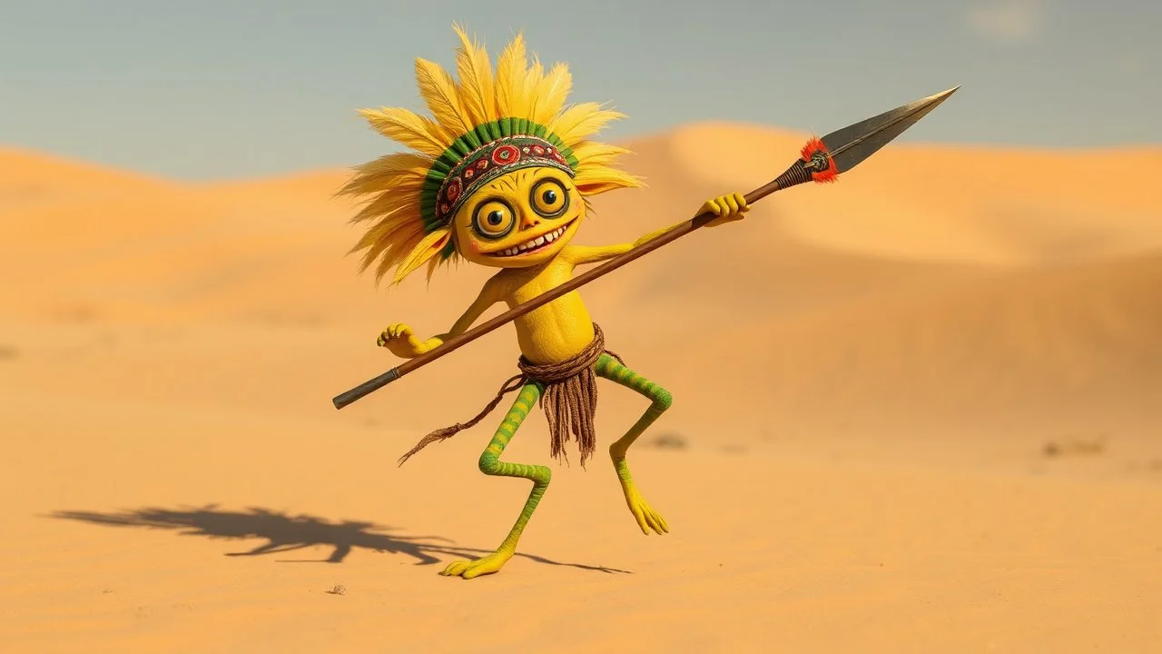 a funny little creature that dance in a desert, the creature is yellow and green, have big eyes and long legs, he likes to dance and jump with his spear, he ls little evil and likes to scream "Musta", and have a big mouth sharp teeth, small penis, tribal look, head dress with feathers