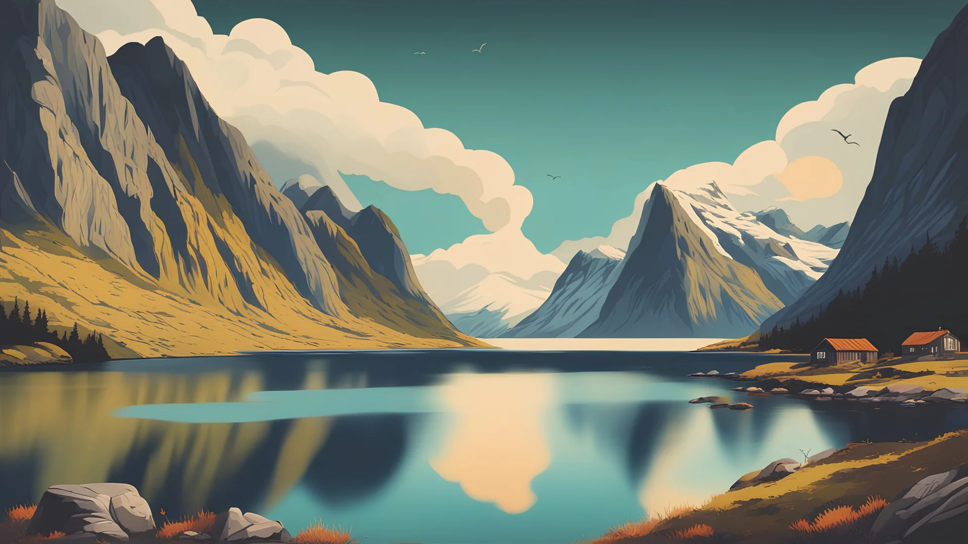 Norwegian fjord mountains desktop image beautiful artistic vintage poster in the style of national park posters clouds colorful graphic design based on Lofoten small village