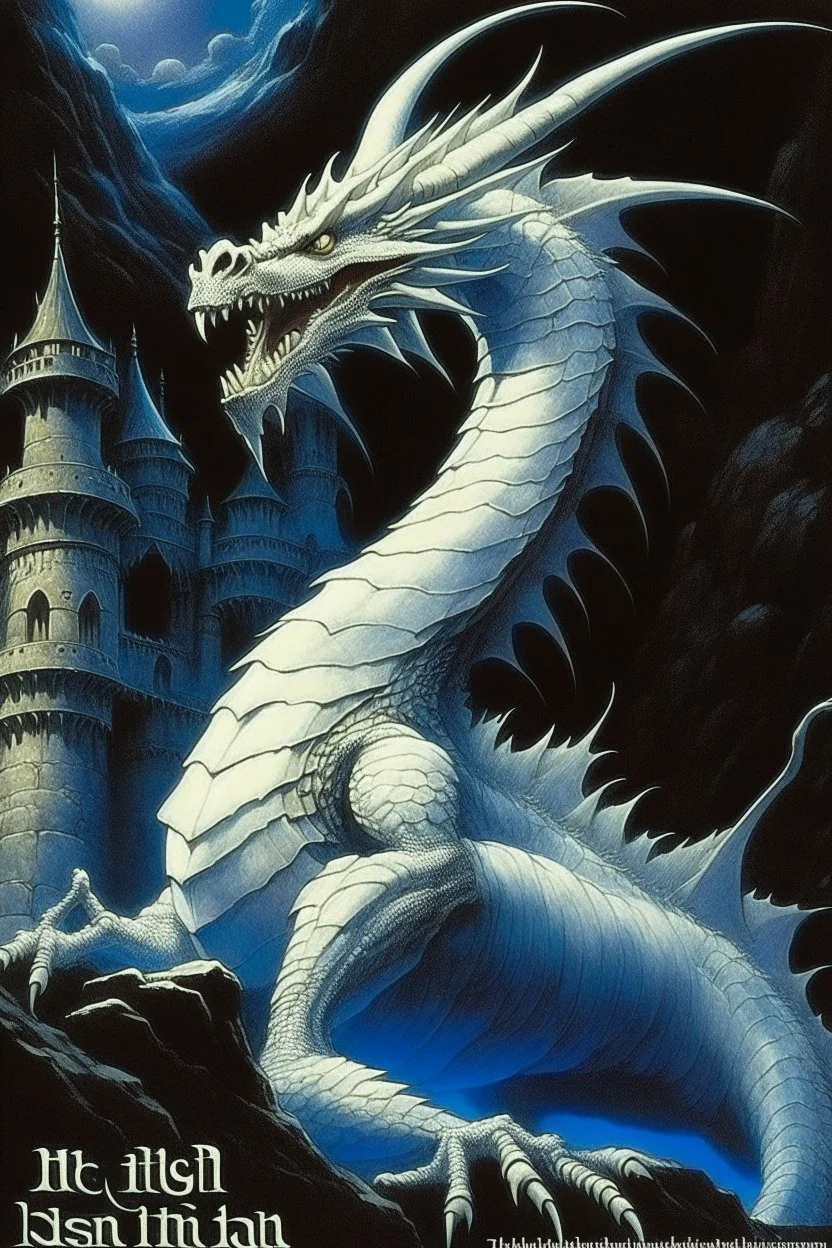 70s dark fantasy art, illustration of a white dragon in a castle