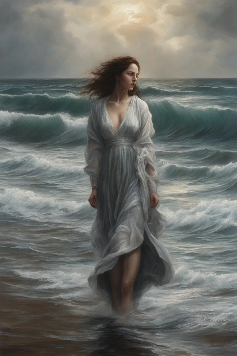 create a classical-abstract-realist sci-fi fantasy full body portrait painting of a lonely distraught woman with highly defined facial features, walking on the shore of a tempestuous sea in the style of Donato Giancola, Hans Memling, Titian, and Caravaggio, 8k, highly detailed, otherworldly and fantastic