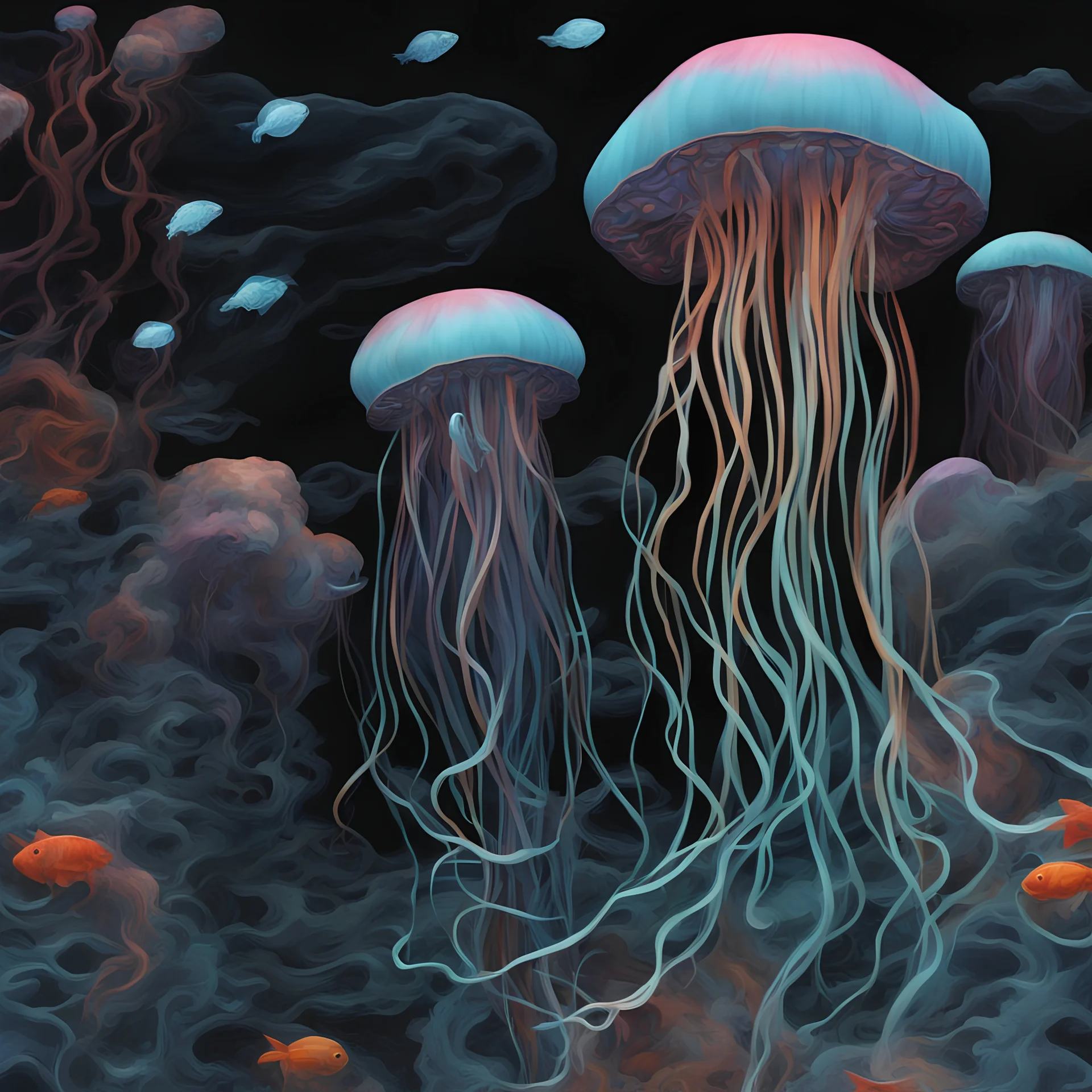 a 3d painting of jellyfish with colorful fish and clouds, in the style of dark and chaotic, light black and light aquamarine, animated gifs, site-specific works, gossamer fabrics, flickr, fluid and gestural --ar 35:52
