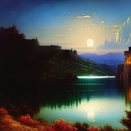 Drawing of 'Medieval Romanian Castle',mountain,lake,full moon, by gaston bussiere, greg rutkowski, yoji shinkawa, yoshitaka amano, tsutomu nihei, donato giancola, tim hildebrandt, ink and pencil on canvas, cinematic composition, extreme detail,fit full head inside picture,16k