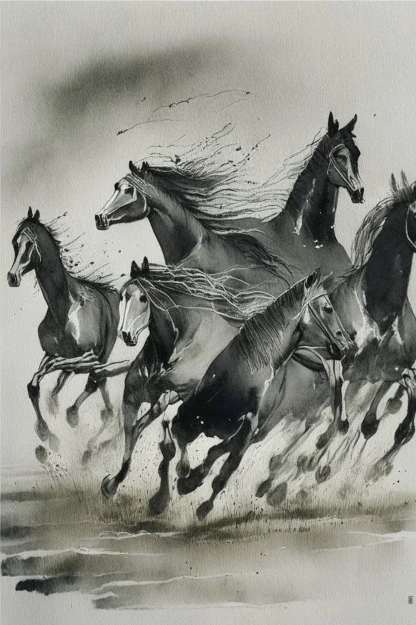 8 horses running on meadow as black ink watercolor chinesse paintin art