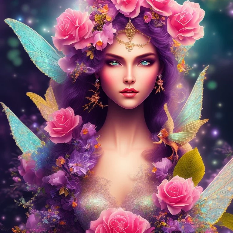 bright fairy, beautiful portrait, flowery landscape