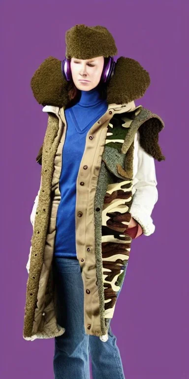 Image shows wholly a Brunette. average body type. Mantle is sewed of recycled Denim and sewed together of camouflage pieces. Camouflage colors are orange,terracotta, cream and purple. Cream latex gaiter. Big bright purple/khaki felt tippet and cream or blue or lilac colored-hood. mantle is merged with satchel. . AKG-style headphones (gold rings!) is merged with small felt cap with small visor. Style: Haute Couture in 1936, Paris fashion in 2023. More yellow(Munsell)!!!