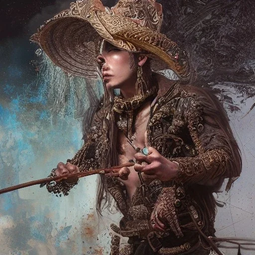 Insanely detailed photograph of an “portrait of a midevil cowboy god ” with intricate Sombrero, intricate embroidered charo, beautiful clear face and hyperdetailed painting by Ismail Inceoglu Huang Guangjian and Dan Witz CGSociety ZBrush Central fantasy art album cover art,8K, hdr, romantic, mysterious, ominous, cigar smoke, jewelry, comfort, natural eyes,naked,tasteful