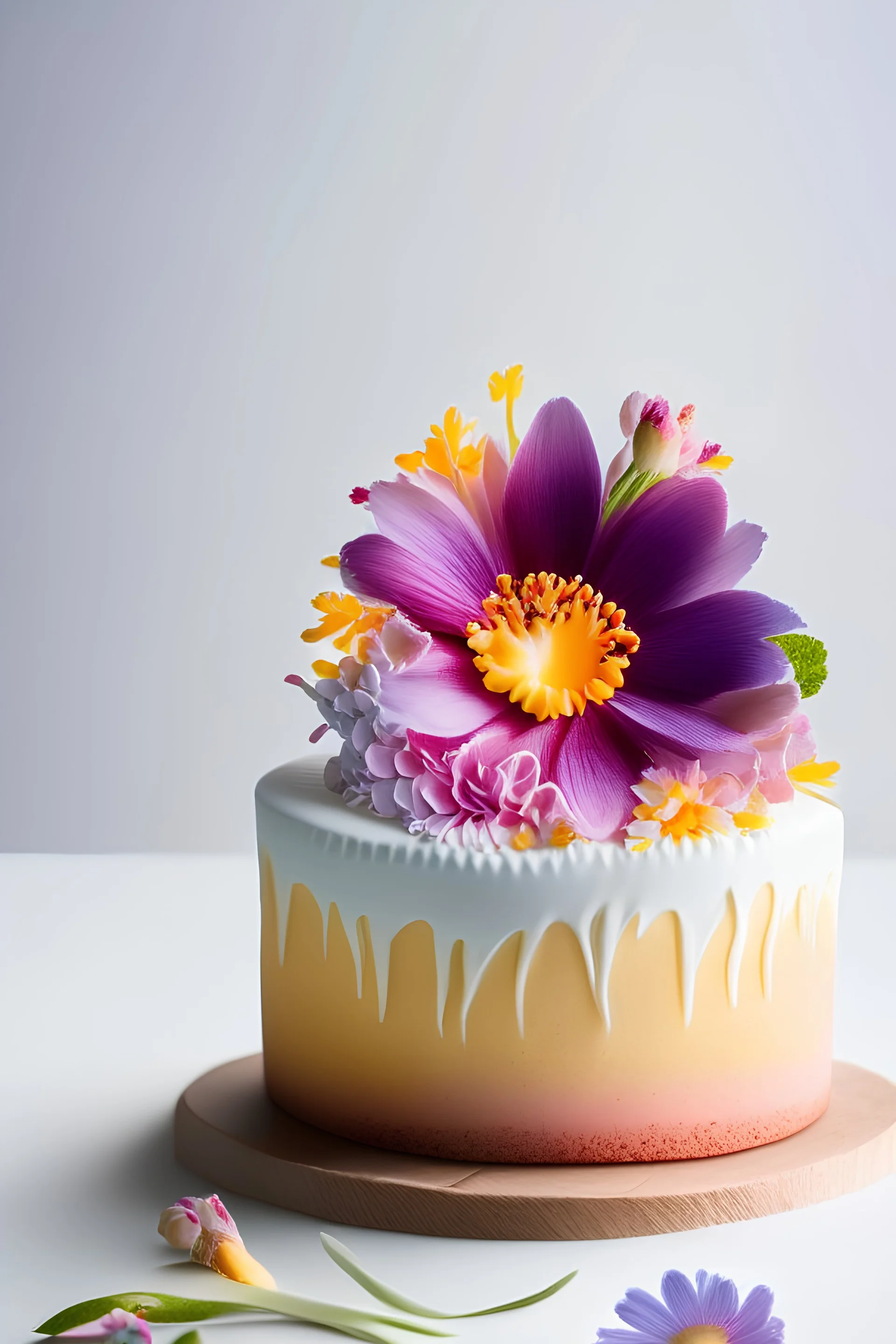 Flower cake against a white background, food photography, beautiful, delicious food, recipe photography, realistic, natural light, colorful, food art, object photography, still life food photography, ultra hd, bokeh