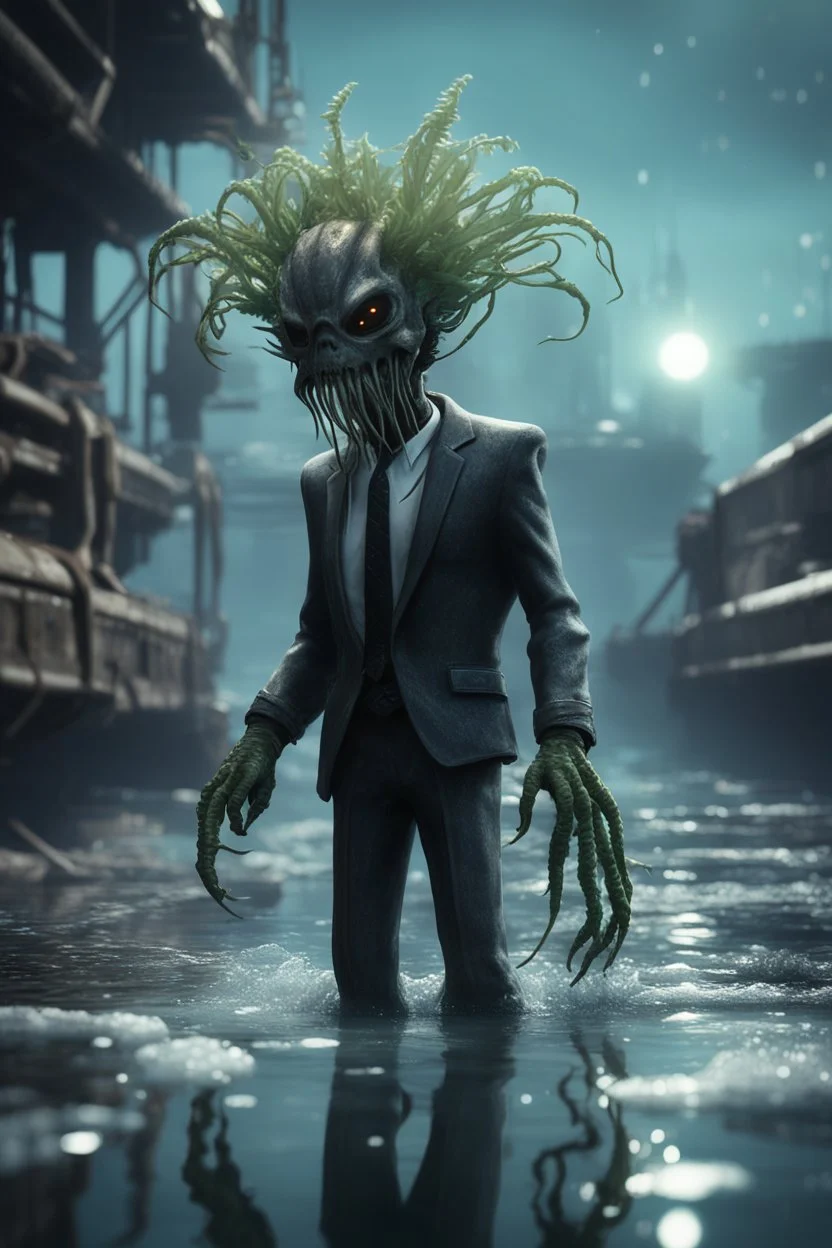 xcom's terror from the deep giger style alien with suit and tie and sea weed crown crawling onto the icy docks in fallout 4 setting, bokeh, downlight, prize winning, depth of field, in the style of ivo caprino