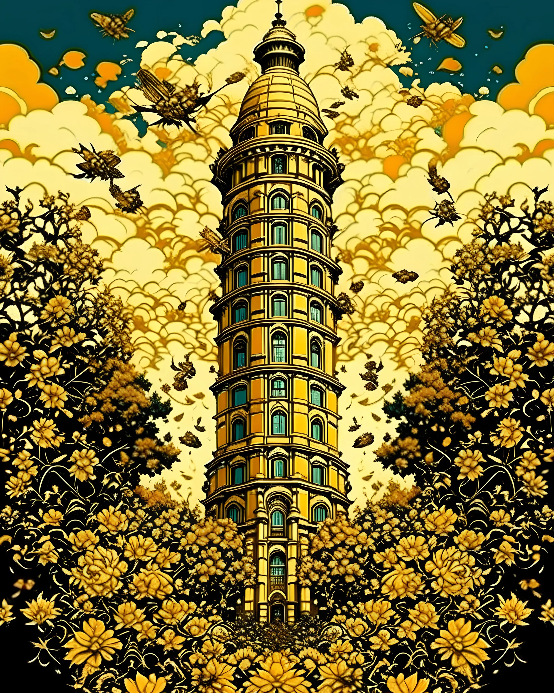 giant tower, with beautiful bees flying around, in shephard fairey style graphic, urrounded by golden leaves, sharp detailed graphic, garden background with blue sky and white clouds.