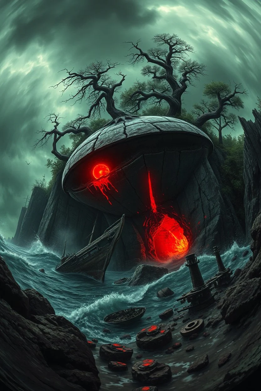 in the style of Fisheye lens. detailed close-up concept art of a Lovecraftian horror, chthon island featuring a decaying a ufo starship red light Focus on gnarled trees around rocky cliffs, with the a ufo starship showing deep cracks and glowing substance oozing from them. Include hints of nightmarish creatures beneath turbulent waters. The stormy sky casts an eerie and green glow, with shipwreck debris and ancient ruins scattered on the shore to emphasize the sense of dread and abandonment