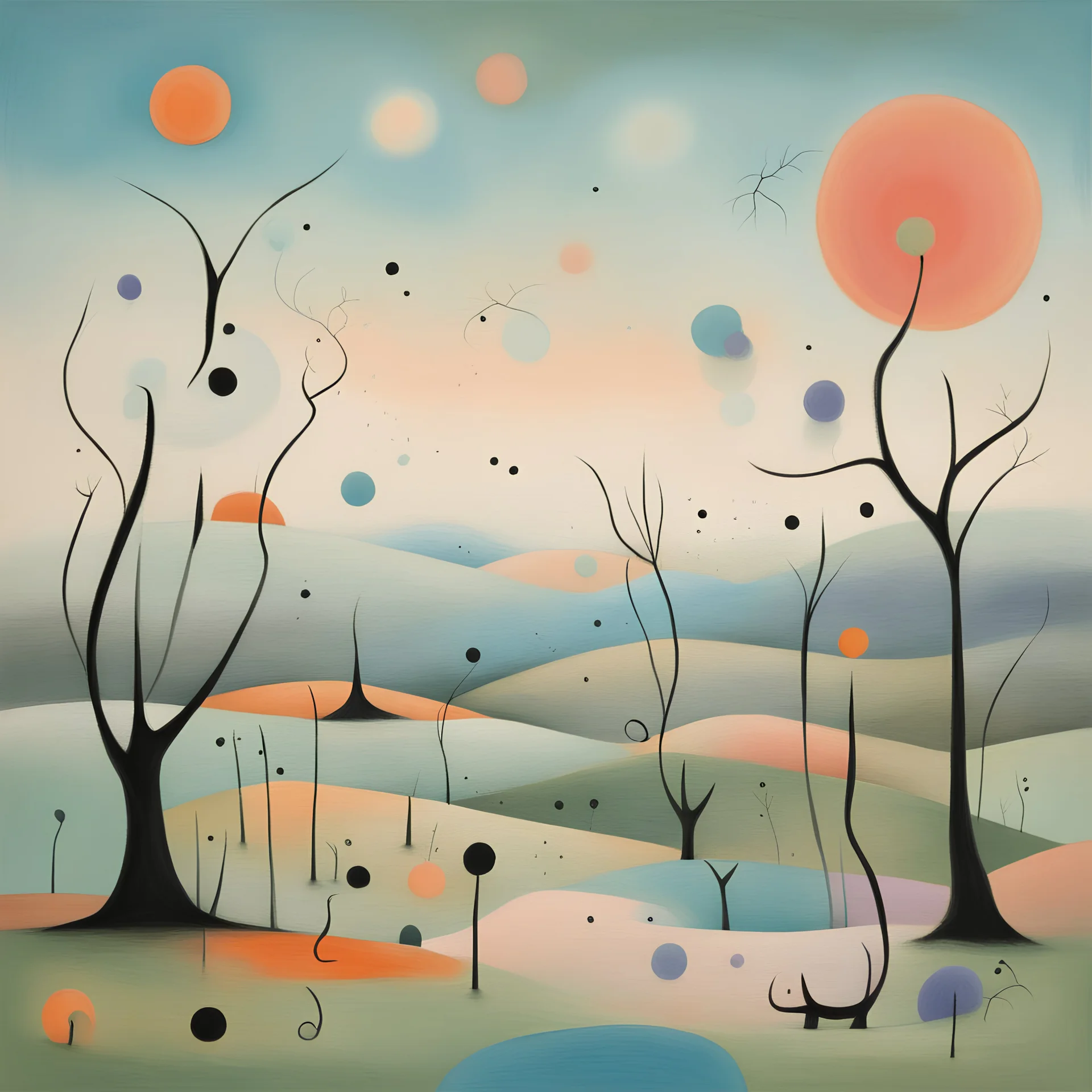 Draw me a landscape painting in the style of **Joan Miro- Surrealism/Abstract Art:** - Miro's whimsical and poetic *Peaceful Harmony Color Palette:** - Soft sage green - pale sky blue - Gentle lavender - Hot taupe - Delicate peach