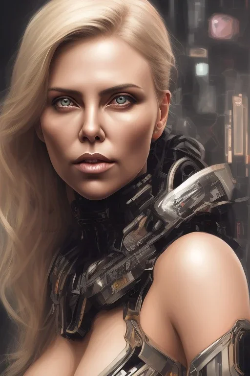 wonderfull portrait, charlize theron face, half side face robot rust, long black hair, intricate, sci-fi, cyberpunk, future,