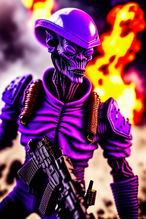 an epic 12k,ultra high definition , digital photo of a scary looking alien, purple colored alien, angy and rising from the ashes, a war veteran, army beret , captain rank, ripped and torn ammo clothing, chaotic fiery and dust background, dramatic close-up action shot of him behind the machine hand gun on the burned out war tanker,gothic and sinister