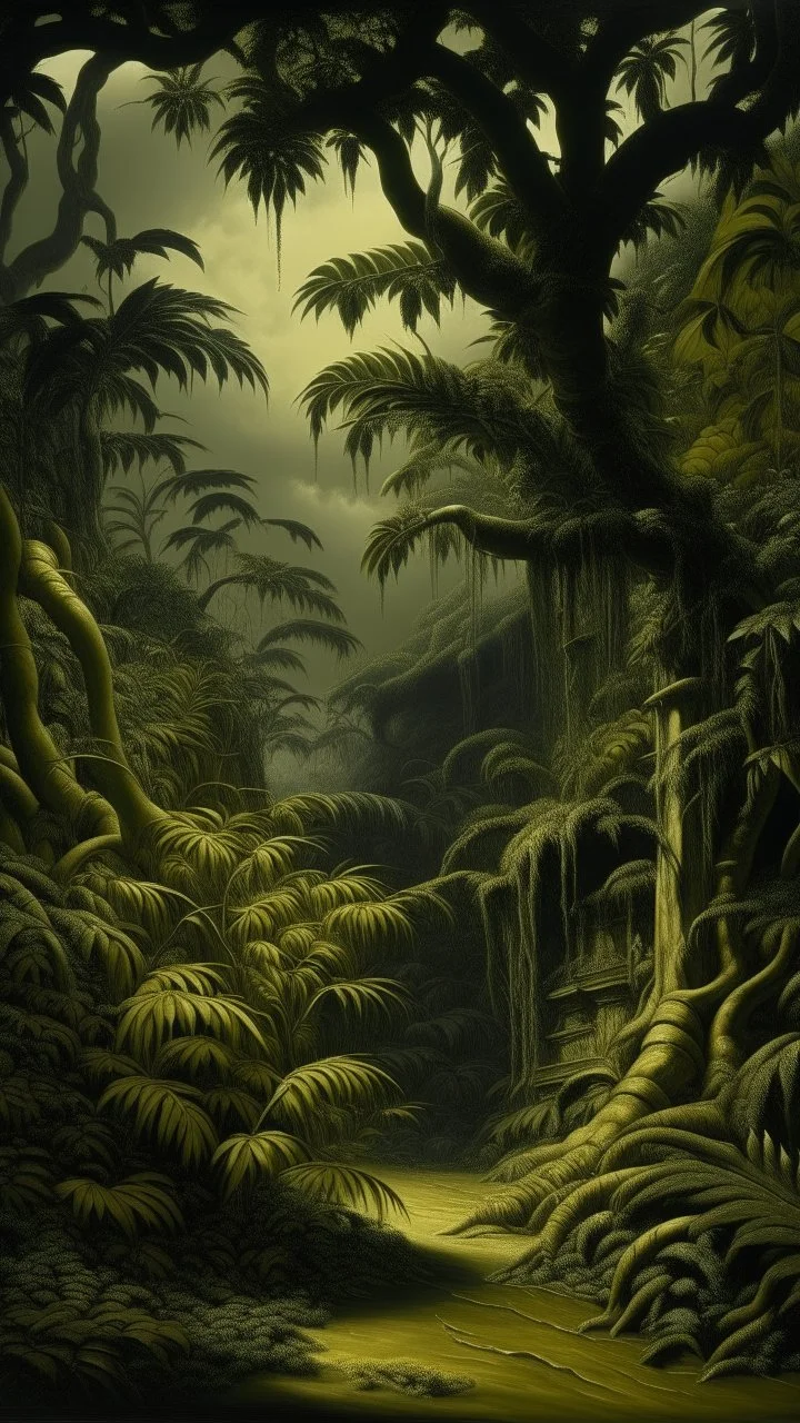 A dark yellow olive jungle painted by Henry-Robert Brésil