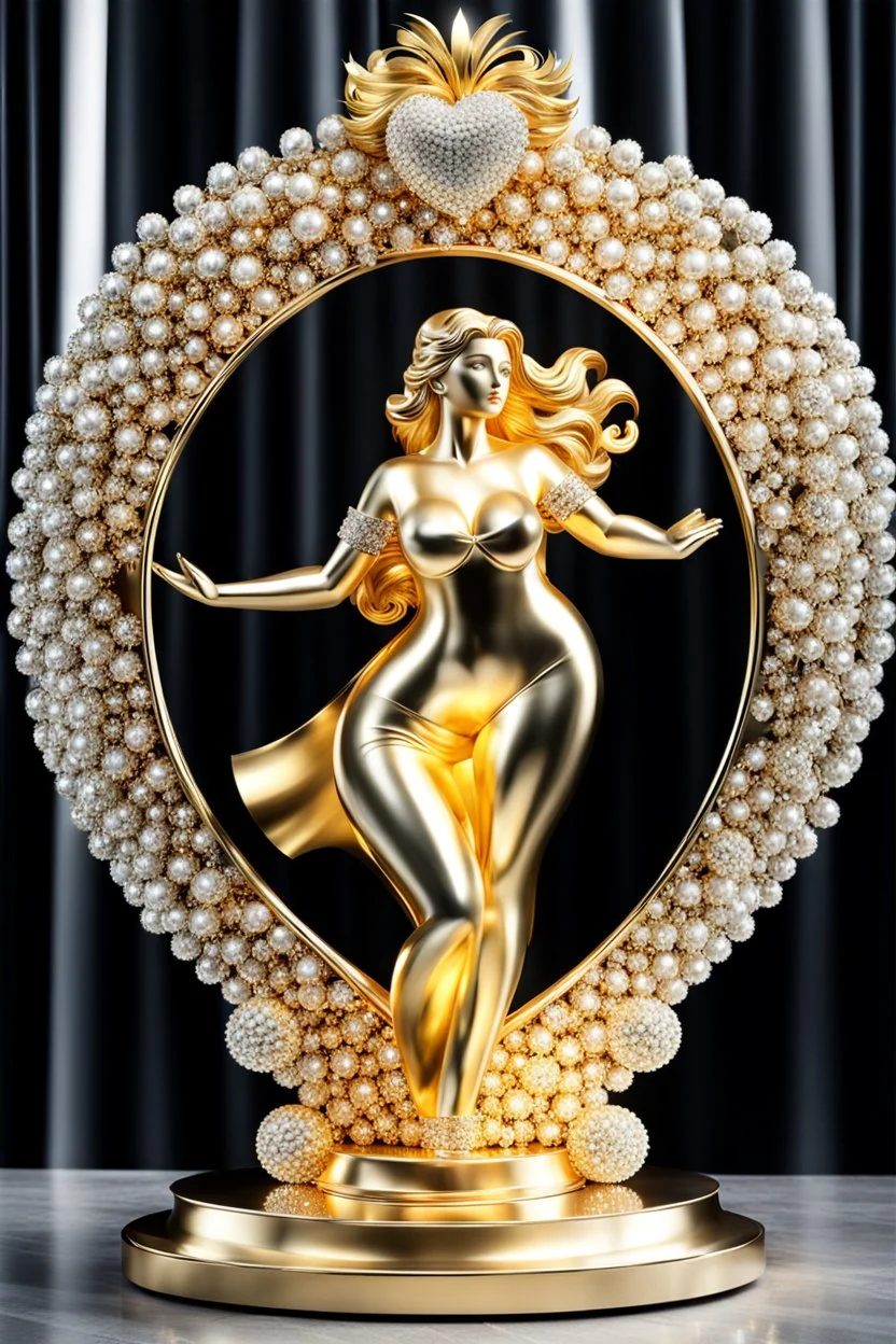 A magnificent golden and silver heart-shaped sign adorned with a stunning golden sphere encrusted with sparkling diamond clusters at its center, elegantly spinning in position,a golden statue of a girl in standing pose