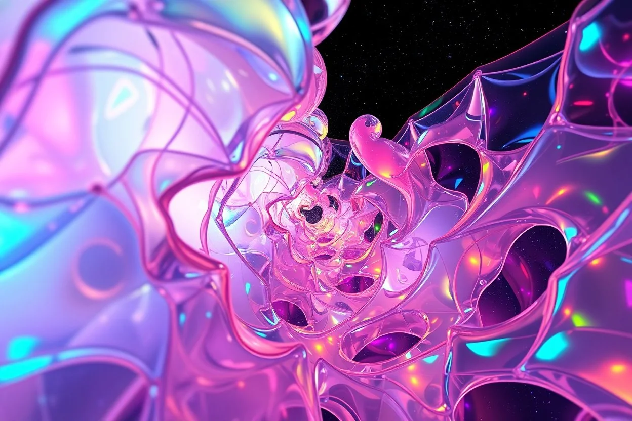 create A picture of hypnotic recursive colored translucent 3D complex structures evolving and morphing, fluid geometry shifting between organic and geometric forms, iridescent glass material with internal glow ,instances must have random translucent material smooth camera orbit, galaxy background, seamless motion, cinematic lighting, generative art style.